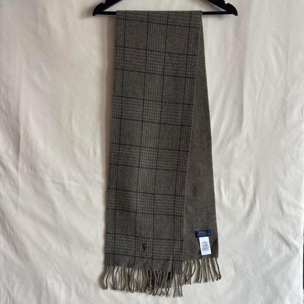 Polo Ralph Lauren Olive Green Wool Windowpane Plaid Scarf Made Italy - Size OS